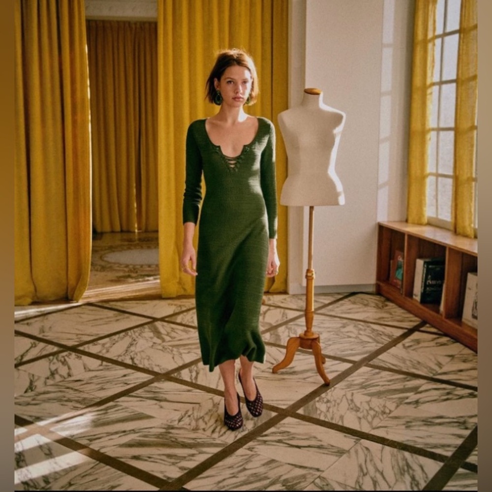 Sézane Red Knit Midi Dress with Tie Front - Picture 8 of 10